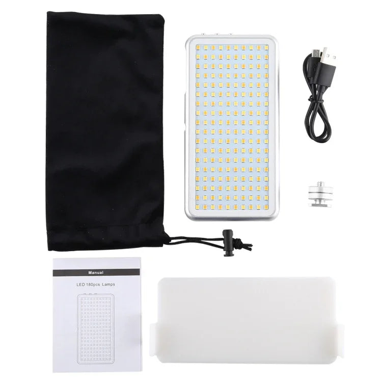 LED011S Pocket 180 LEDs Luz Profissional para Vlogging, Fotografia, Vídeo e Estúdio Fotográfico com Ecrã OLED e Adaptador de Sapata Fria para Câmaras DSLR Canon / Nikon, 180 LED
