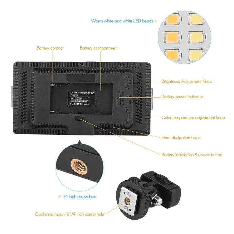 LED01 416 LEDs 3600LM Luz Profissional para Vlogging, Fotografia, Vídeo e Estúdio Fotográfico para Câmaras DSLR Canon / Nikon, 416 LED