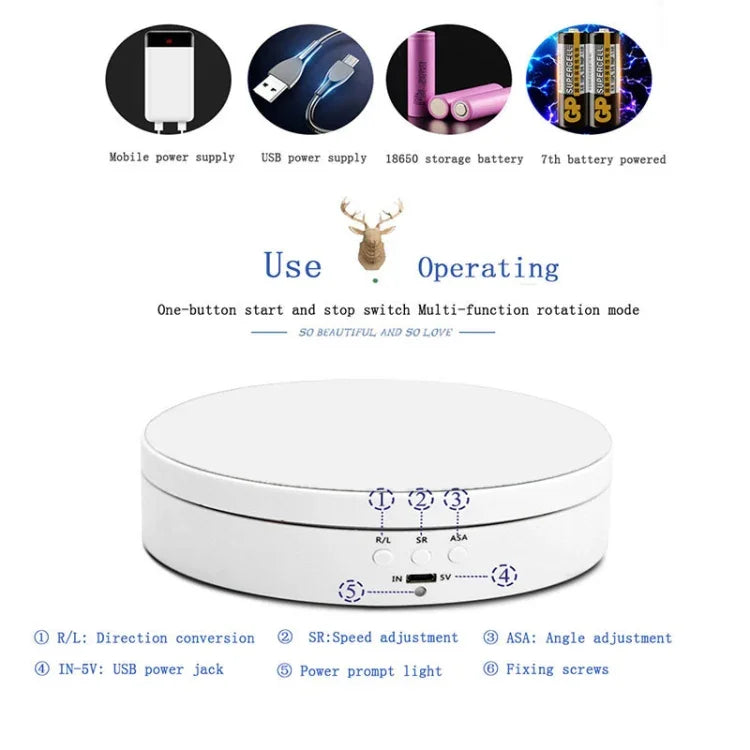 Suporte Giratório Inteligente USB de 13,8cm para Carregamento, Rotação de 360 Graus, Plataforma para Vídeo e Fotografia, Capacidade 3kg