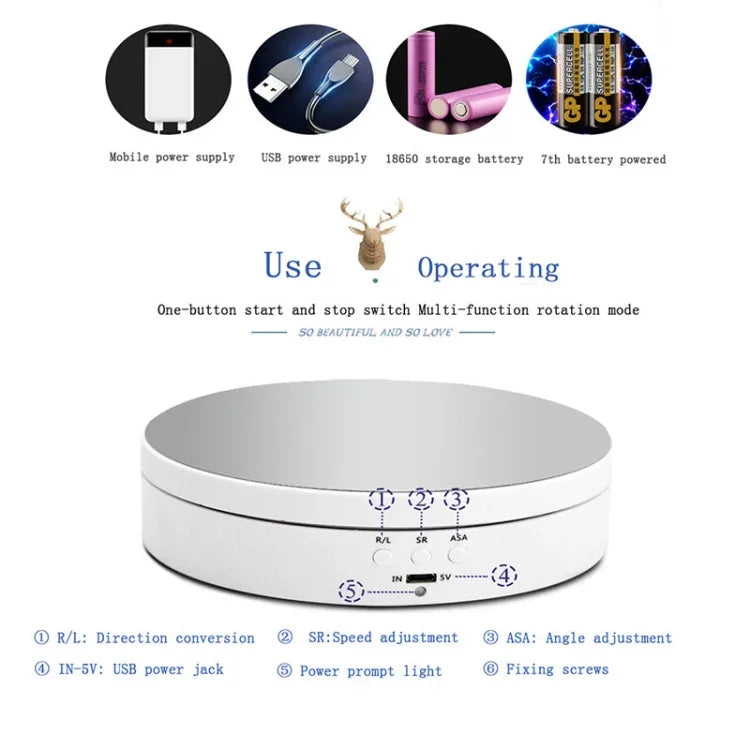 Suporte Giratório Inteligente USB de 13,8cm Estilo Espelho para Carregamento, Rotação de 360 Graus, Plataforma para Vídeo e Fotografia, Capacidade 3kg, Espelho de 13,8cm / Alimentado por USB(W)