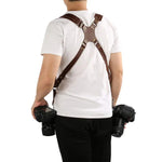 Correia de Câmara em Couro com Dupla Alça Antiderrapante e Liberação Rápida com Gancho Metálico para Câmaras SLR / DSLR, Dupla Alça (Castanho), Dupla Alça (Preto)