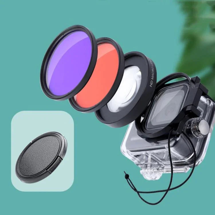 RUIGPRO para GoPro HERO8 Lente Macro 58mm 16X + Filtro de Mergulho Vermelho/Roxo + Kits de Caixa Impermeável com Anel Adaptador de Filtro e Tampa de Lente