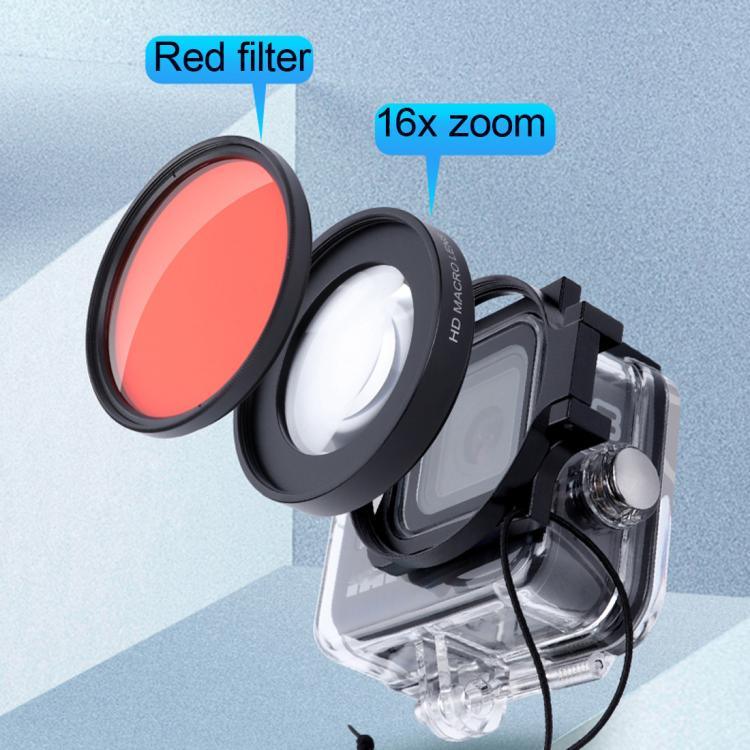 RUIGPRO para GoPro HERO8 Lente Macro 58mm 16X + Filtro de Mergulho Vermelho/Roxo + Kits de Caixa Impermeável com Anel Adaptador de Filtro e Tampa de Lente