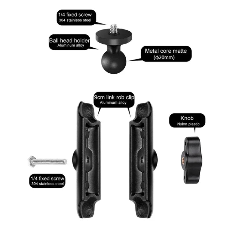 Suporte de Montagem para Guiador de Motociclo com Haste de Ligação 9cm e Cabeça de Bola 20mm com Adaptador de Tripé e Parafuso para GoPro, Insta360, DJI e Outras Câmaras de Ação, Suporte com Haste de Ligação 9,5cm