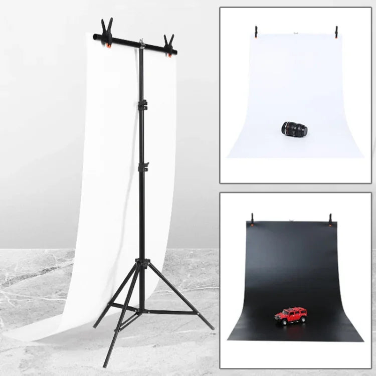 Kit de Suporte para Fundo de Estúdio Fotográfico em Forma de T 70x200cm com Fundos em PVC Preto / Branco 70x140cm, 70x200cm com Fundos