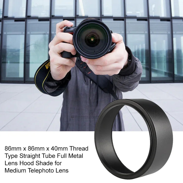 Para-Sol de Lente Metálico Completo Tipo de Rosca 86mm Tubo Reto para Lente Teleobjetiva Média, 86mm x 86mm x 40mm