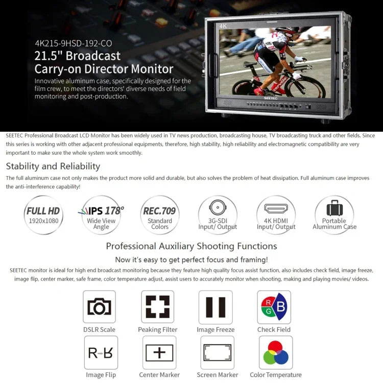 Monitor de Campo de Câmara SEETEC 4K215-9HSD-CO 1920x1080 21.5 polegadas SDI / HDMI Full HD Director Box, 4K215-9HSD-CO