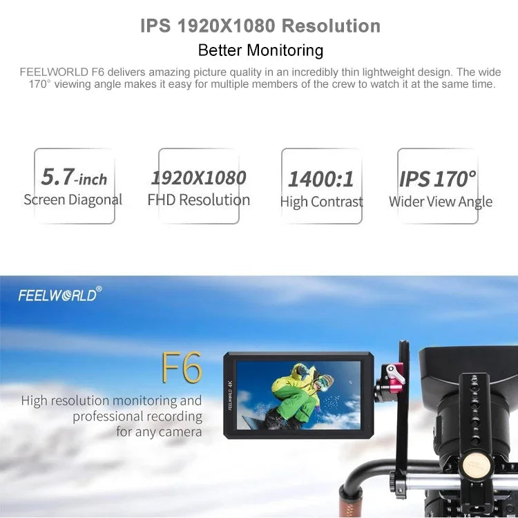 Monitor de Campo para Câmara FEELWORLD F6 1920x1080 Ecrã IPS 5.5 polegadas HDMI 4K, F6