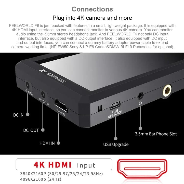 Monitor de Campo para Câmara FEELWORLD F6 1920x1080 Ecrã IPS 5.5 polegadas HDMI 4K, F6