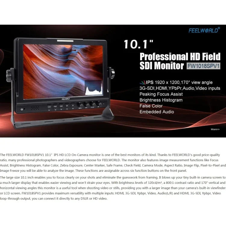 Monitor de Campo para Câmara FEELWORLD FW1018SPV1 1920x1200 10.1 polegadas Ecrã IPS LCD a Cores HD, FW1018SPV1
