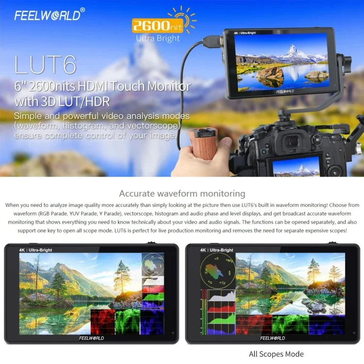 Monitor de Campo para Câmara FEELWORLD LUT6 1920x1080 2600 nits Ecrã IPS de 6 polegadas HDMI 4K com Controlo Tátil, LUT6
