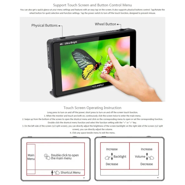 Monitor de Campo para Câmara FEELWORLD LUT6 1920x1080 2600 nits Ecrã IPS de 6 polegadas HDMI 4K com Controlo Tátil, LUT6