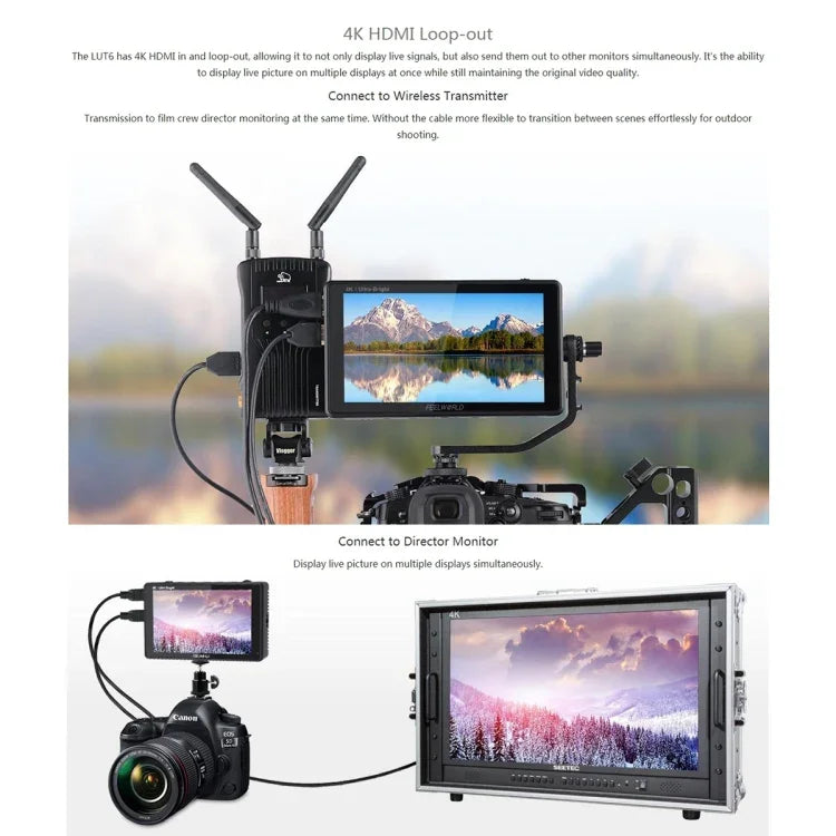 Monitor de Campo para Câmara FEELWORLD LUT6 1920x1080 2600 nits Ecrã IPS de 6 polegadas HDMI 4K com Controlo Tátil, LUT6