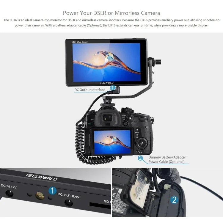 Monitor de Campo para Câmara FEELWORLD LUT6 1920x1080 2600 nits Ecrã IPS de 6 polegadas HDMI 4K com Controlo Tátil, LUT6