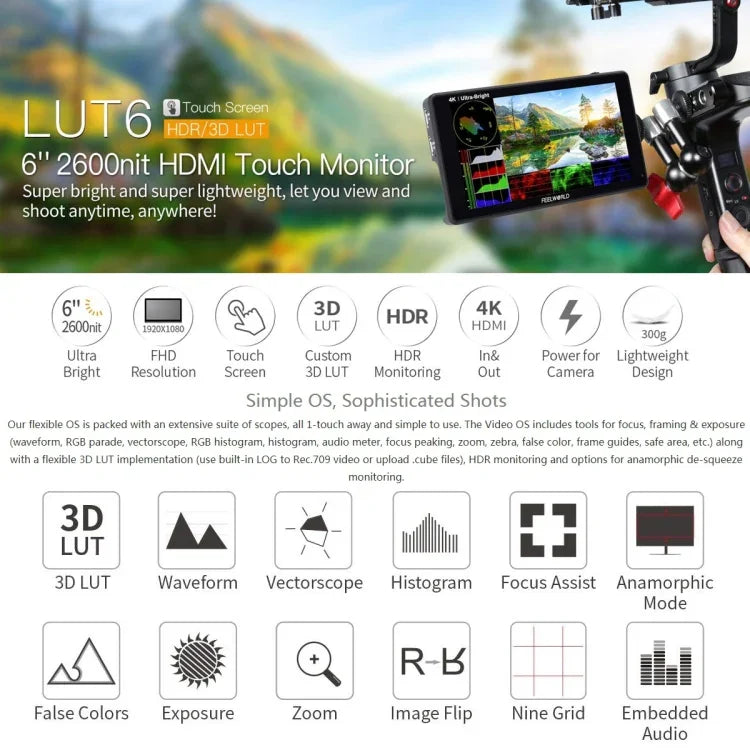 Monitor de Campo para Câmara FEELWORLD LUT6 1920x1080 2600 nits Ecrã IPS de 6 polegadas HDMI 4K com Controlo Tátil, LUT6