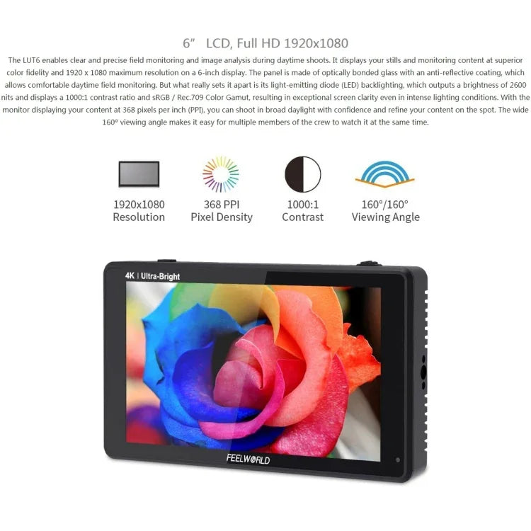 Monitor de Campo para Câmara FEELWORLD LUT6 1920x1080 2600 nits Ecrã IPS de 6 polegadas HDMI 4K com Controlo Tátil, LUT6