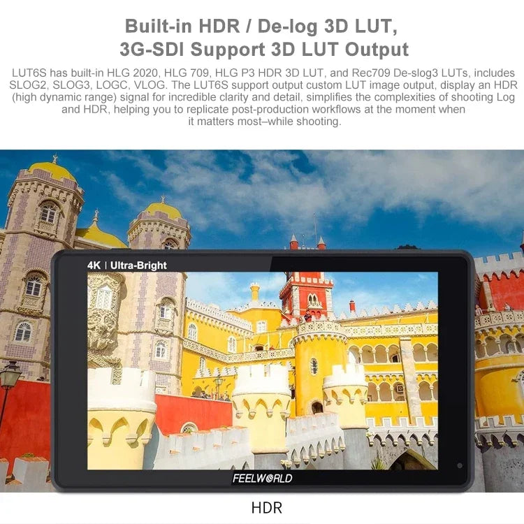 Monitor de Campo FEELWORLD LUT6S 1920x1080 2600 nits 6 polegadas IPS HDMI 4K Ecrã Tátil SDI HDI para Câmara, LUT6S