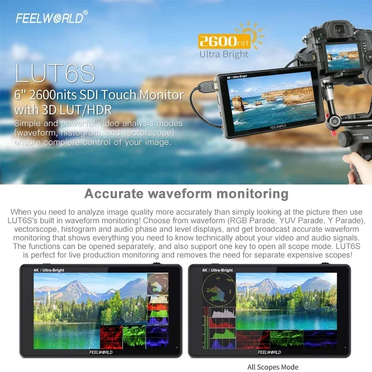 Monitor de Campo FEELWORLD LUT6S 1920x1080 2600 nits 6 polegadas IPS HDMI 4K Ecrã Tátil SDI HDI para Câmara, LUT6S