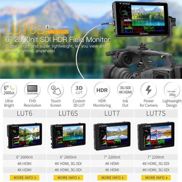 Monitor de Campo FEELWORLD LUT6S 1920x1080 2600 nits 6 polegadas IPS HDMI 4K Ecrã Tátil SDI HDI para Câmara, LUT6S