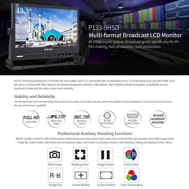 Monitor de Campo SEETEC P133-9HSD 1920x1080 13.3 polegadas Nível de Emissão Full HD para Câmara de Filme, P133-9HSD
