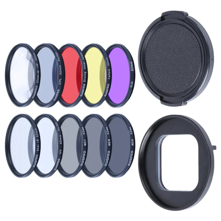 RUIGPRO para GoPro HERO10 Black / HERO9 Black Filtro de Lente Profissional 52mm 10 em 1 UV+ND2+ND4+ND8+Star 8+ +CPL+Amarelo/Vermelho/Roxo+Lente de Aproximação 10X com Anel Adaptador de Filtro e Tampa de Lente