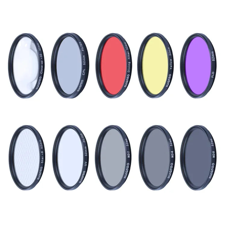 RUIGPRO para GoPro HERO10 Black / HERO9 Black Filtro de Lente Profissional 52mm 10 em 1 UV+ND2+ND4+ND8+Star 8+ +CPL+Amarelo/Vermelho/Roxo+Lente de Aproximação 10X com Anel Adaptador de Filtro e Tampa de Lente