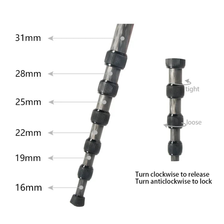 Monopé Portátil para Câmara DSLR de Viagem ao Ar Livre BEXIN P306C em Fibra de Carbono, P306C