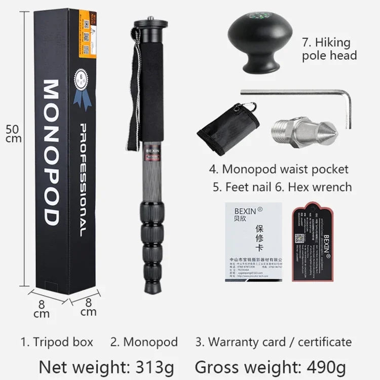 Suporte Monopé de Fibra de Carbono para Câmara DSLR Portátil de Viagem ao Ar Livre BEXIN MCS285, MCS285