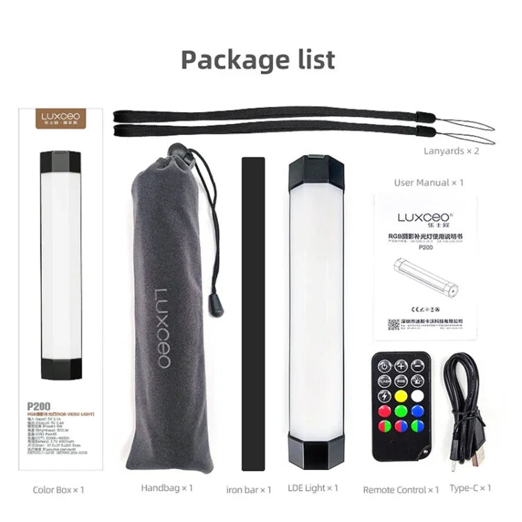 LUXCeO P200 RGB Bastão LED Fotográfico Colorido Luz de Vídeo Controle por APP Temperatura de Cor Ajustável Luz de Preenchimento LED Portátil à Prova de Água com Controlo Remoto