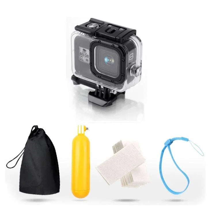 Estojo Protetor Impermeável até 45m para GoPro HERO8 Black com Fecho, Suporte Básico, Parafuso, Flutuador, Alça e Inserções Anti-Embaçamento, Estojo Transparente HERO8