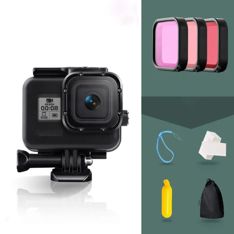 Para GoPro HERO8 Black Caixa Protetora Subaquática 45m com Fecho, Suporte Básico & Parafuso & Filtros (Roxo, Vermelho, Rosa) & Pegador Flutuante & Correia & Inserções Anti-Embaçamento, Caixa Transparente HERO8 + Filtros