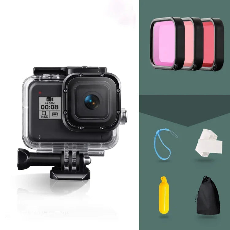 Estojo Protetor Impermeável até 45m para GoPro HERO8 Black com Fecho, Suporte Básico, Parafuso, Filtros (Roxo, Vermelho, Rosa), Flutuador, Alça e Inserções Anti-Embaçamento, Estojo Preto HERO8+Filtros