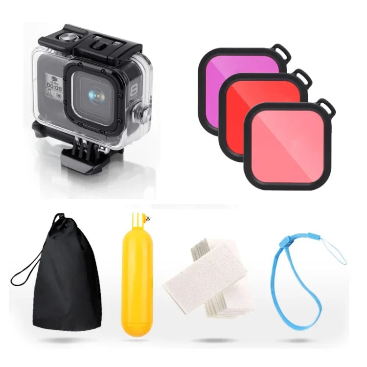 Estojo Protetor Impermeável até 45m para GoPro HERO8 Black com Fecho, Suporte Básico, Parafuso, Filtros (Roxo, Vermelho, Rosa), Flutuador, Alça e Inserções Anti-Embaçamento, Estojo Preto HERO8+Filtros