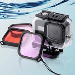 Estojo Protetor Impermeável até 45m para GoPro HERO8 Black com Fecho, Suporte Básico, Parafuso, Filtros (Roxo, Vermelho, Rosa), Flutuador, Alça e Inserções Anti-Embaçamento, Estojo Preto HERO8+Filtros