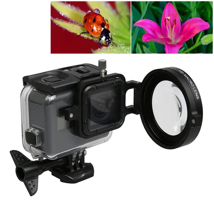 Para GoPro HERO5 Câmara de Ação Desportiva Profissional Filtro Macro 16X 58mm com Base de Lente, Anel Adaptador, Tampa Protetora, Correia Anti-perda e Pano de Limpeza