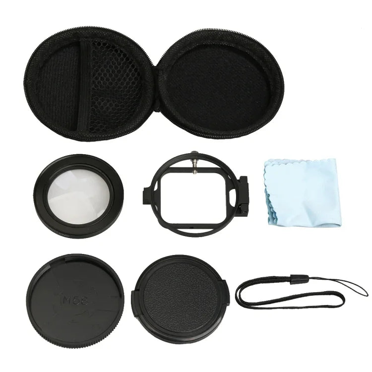 Para GoPro HERO5 Câmara de Ação Desportiva Profissional Filtro Macro 16X 58mm com Base de Lente, Anel Adaptador, Tampa Protetora, Correia Anti-perda e Pano de Limpeza