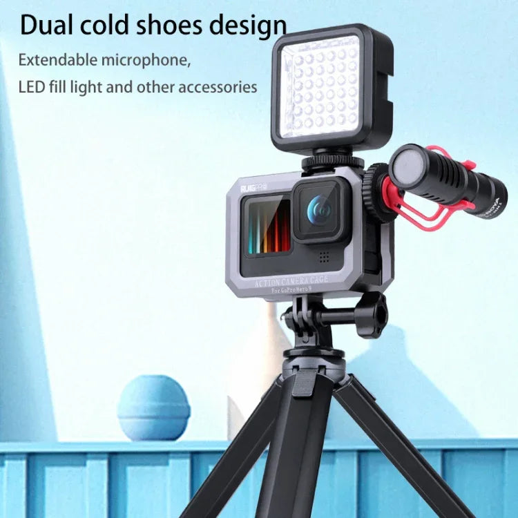 RUIGPRO para GoPro HERO10 Black / HERO9 Black Estrutura de Moldura de Metal para Montagem Protetora com Base de Duplo Cold Shoe, Cinzento Prateado