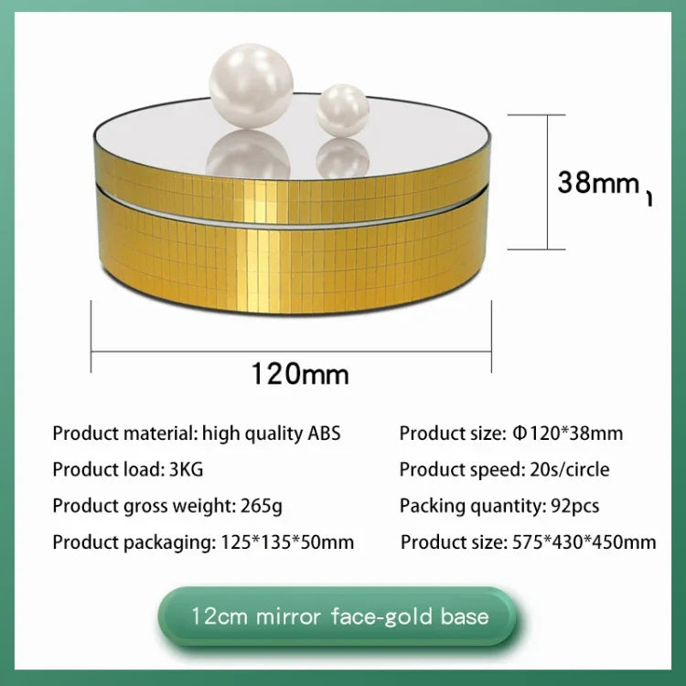 Espelho Giratório 360 Graus de 12cm para Suporte Elétrico de Exposição, Acessório para Filmagem, Carga: 3kg, Espelho Dourado com Lantejoulas 12cm, Espelho Prateado com Lantejoulas 12cm