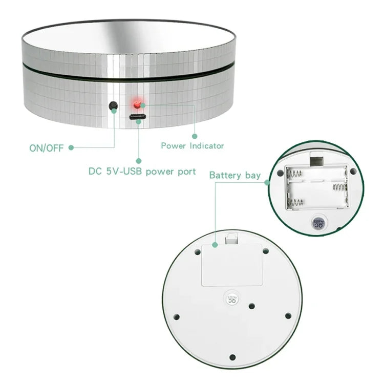 Espelho Giratório 360 Graus de 12cm para Suporte Elétrico de Exposição, Acessório para Filmagem, Carga: 3kg, Espelho Dourado com Lantejoulas 12cm, Espelho Prateado com Lantejoulas 12cm