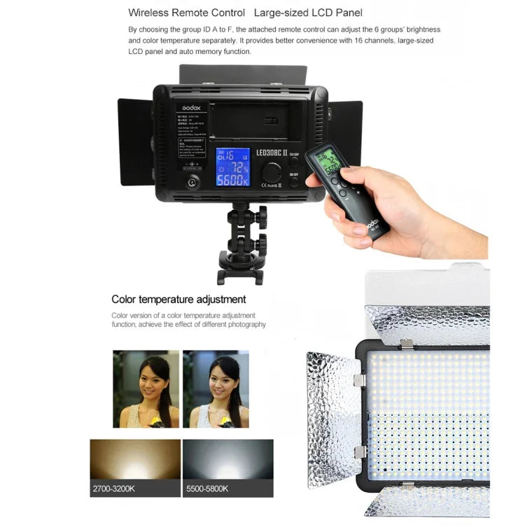 Godox LED308C II Luz Fotográfica Dimerizável com 308 LEDs 860LUX Luz Profissional para Vlogging, Vídeo e Estúdio Fotográfico para Câmaras DSLR Canon / Nikon
