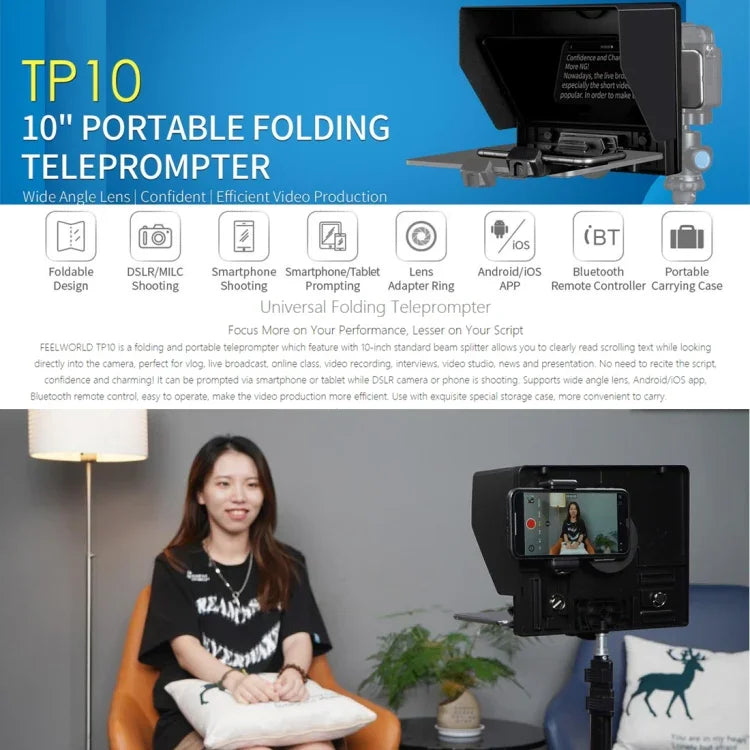 FEELWORLD TP10 Teleprompter Portátil Dobrável de 10 polegadas com Anel Adaptador de Lente e Controlo Remoto para Smartphone / Tablet até 10 polegadas, TP10