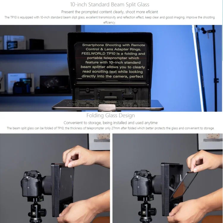 FEELWORLD TP10 Teleprompter Portátil Dobrável de 10 polegadas com Anel Adaptador de Lente e Controlo Remoto para Smartphone / Tablet até 10 polegadas, TP10