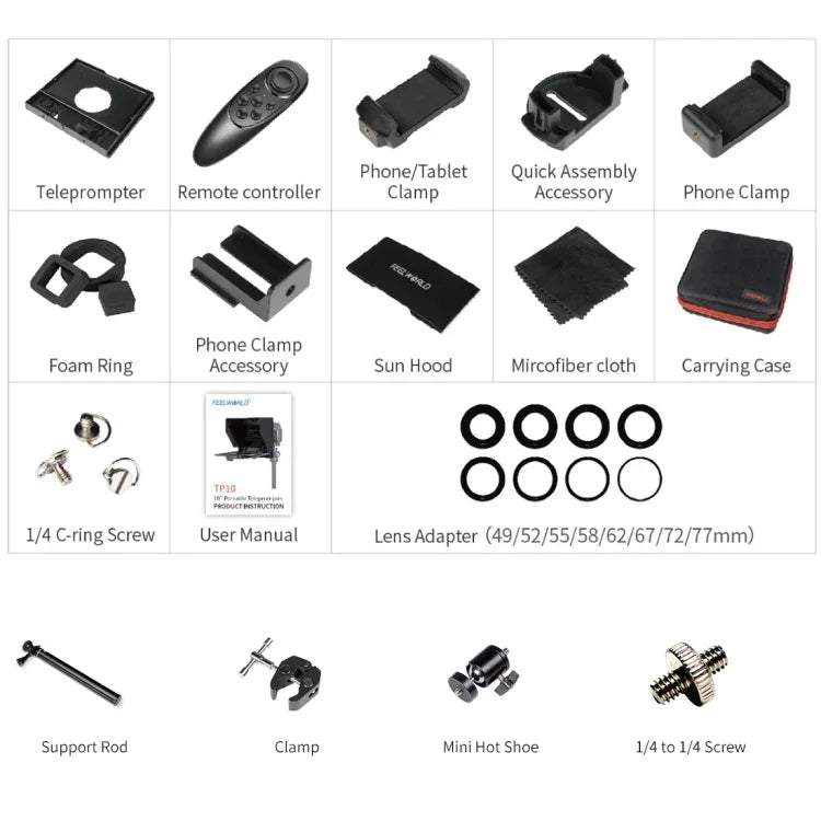FEELWORLD TP10 Teleprompter Portátil Dobrável de 10 polegadas com Anel Adaptador de Lente e Controlo Remoto para Smartphone / Tablet até 10 polegadas, TP10