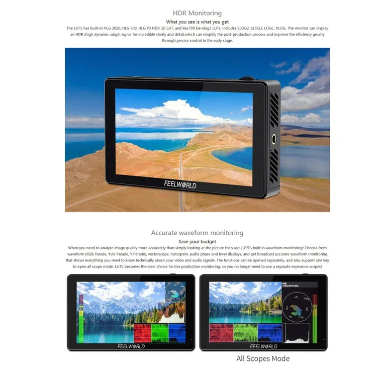 Monitor de Campo para Câmara DSLR FEELWORLD LUT5 Ecrã Tátil Ultra Brilhante 5.5 polegadas 3000nit, LUT5