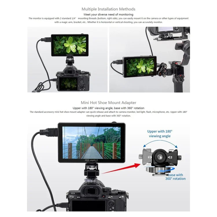 Monitor de Campo para Câmara DSLR FEELWORLD LUT5 Ecrã Tátil Ultra Brilhante 5.5 polegadas 3000nit, LUT5