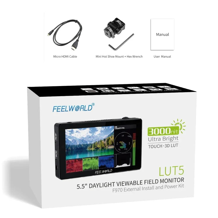 Monitor de Campo para Câmara DSLR FEELWORLD LUT5 Ecrã Tátil Ultra Brilhante 5.5 polegadas 3000nit, LUT5