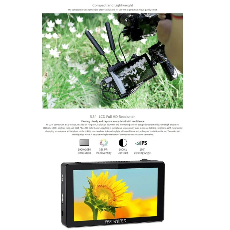 Monitor de Campo para Câmara DSLR FEELWORLD LUT5 Ecrã Tátil Ultra Brilhante 5.5 polegadas 3000nit, LUT5
