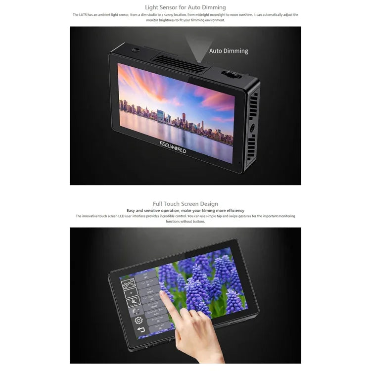Monitor de Campo para Câmara DSLR FEELWORLD LUT5 Ecrã Tátil Ultra Brilhante 5.5 polegadas 3000nit, LUT5