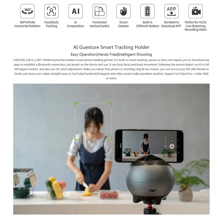 LAIZESKE LA8 Robot Inteligente Cameraman Suporte para Telemóvel com Seguimento Automático 360 Graus, LA8