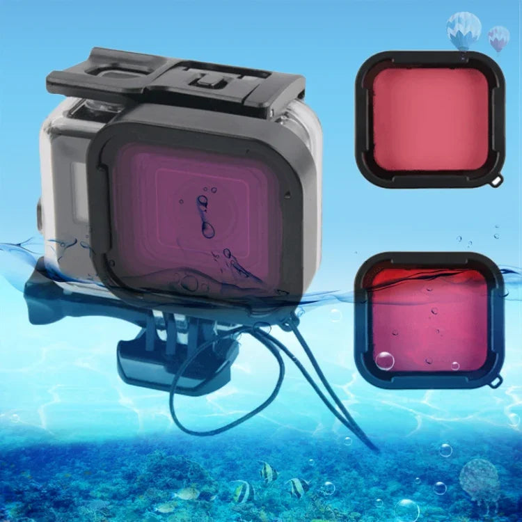 Caixa Protetora Impermeável 45m + Tampa Traseira com Ecrã Tátil para GoPro NEW HERO /HERO6 /5, com Fivela, Suporte Básico, Parafuso e Filtros (Roxo, Vermelho, Rosa), Sem Necessidade de Remover a Lente, Ecrã Tátil + Filtros (Transparente)
